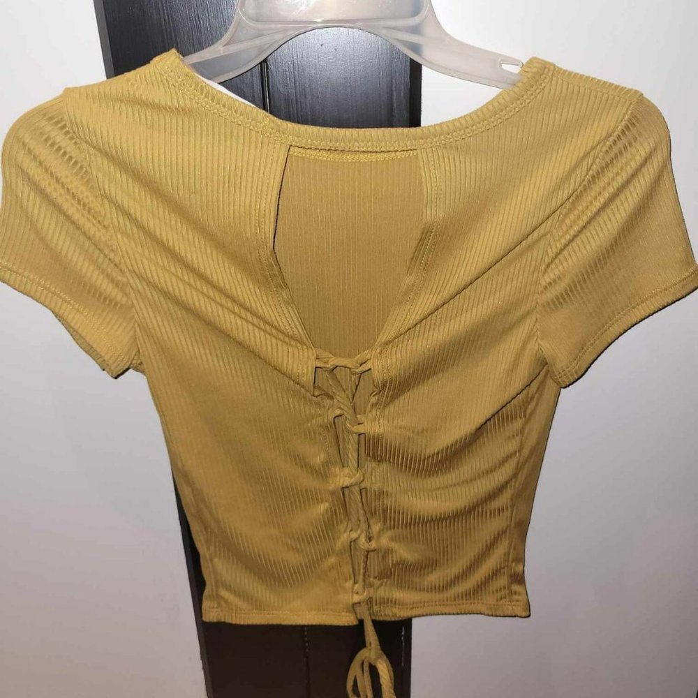 yellow t shirt with tie up back size small